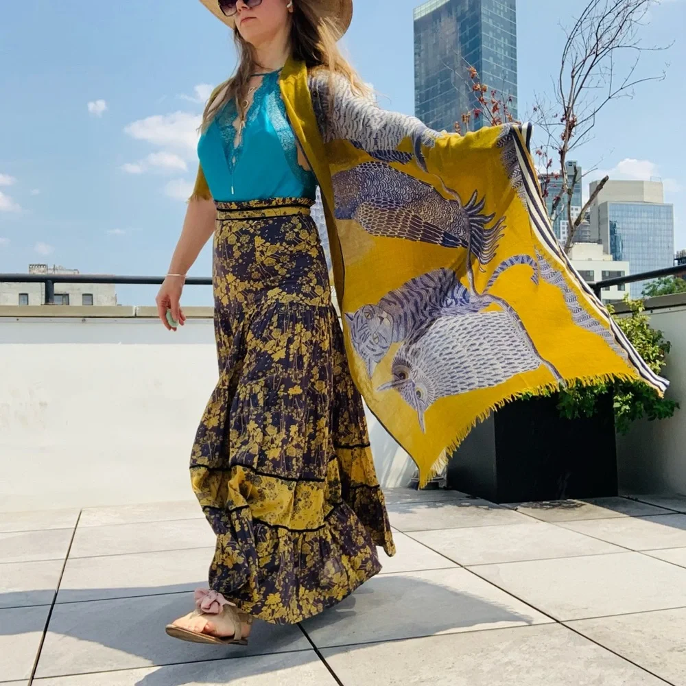 Inouïtoosh Wool Mustard Owl Cat Fringed Blanket Scarf